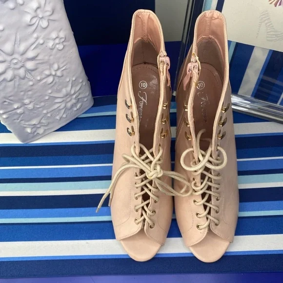 Light pink lace up peep toe ankle high heel zipper booties size 10 - Picture 11 of 14